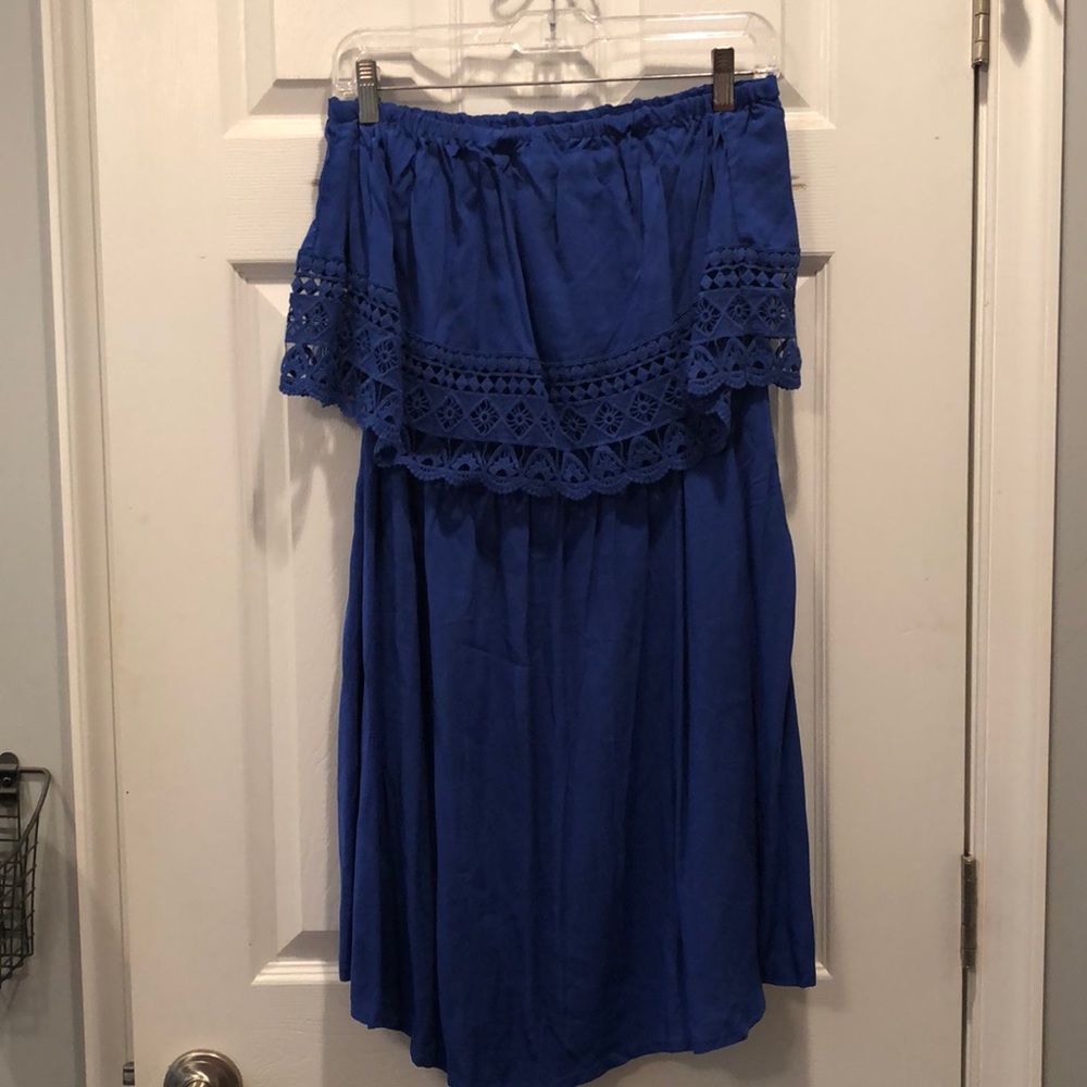 NWT. Blue tribal lace print strapless sundress.